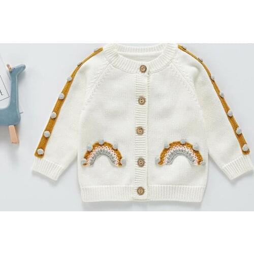 2021 Autumn New Baby Girl Rainbow Sweater Embroidery Knit Cardigan Single Breasted Coat Kids Girls Knitted Jacket Children Tops