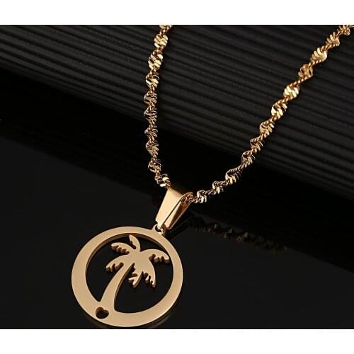 Stainless Steel Round Pendant Necklace Coconut Palm Tree Hawaii Beach Vocation Chain Jewelry Gift
