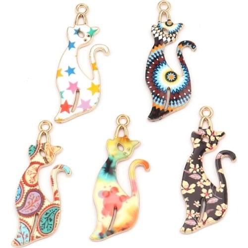 10PCs Bohemian Pendants Cat Animal Gold Color Metal Multicolor Star Flower Pattern Colorful Enamel Charms Jewelry 37mm x 13mm