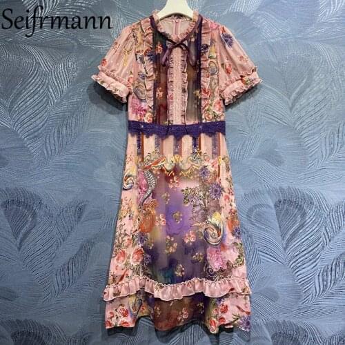 Seifrmann New 2021 Summer Women Fashion Designer Party Midi Dress Lantern Sleeve Ruffles Bow Lace Floral Print Elegant Dresses