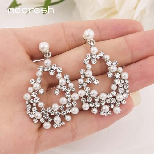 Mecresh Silver Color Simulated Pearls Bridal Dangle Earings Fashion Jewelry Crystal Water Drop Women Wedding Earrings MEH1703