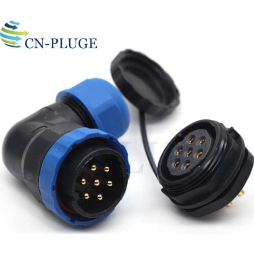 SP28 Type 7 pin Aviation Waterproof Wire Connector 28mm Right Angle Elbow Nut Cable Connector Male Plug & Female Socket IP68