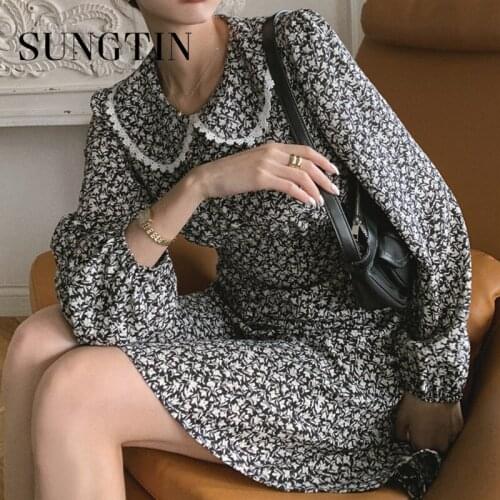 Sungtin Vintage Print Mini Dress Women Loose Floral Dresses Long Sleeve Short Vestidos Mujer Korean Chic New Spring Empire 2021