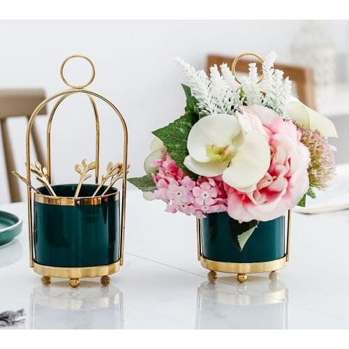 Creative Portable Ceramic Flower Vases Metal Fruit Dessert Fork Spoon Storage Jar Plant Pot Desktop Ornaments Decoration