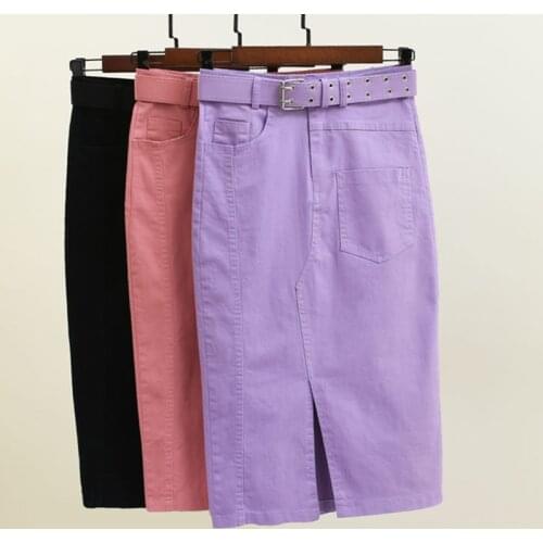 Spring Summer Fashion Women Ladies Purple Black High Waisted Stretchy Pencil Denim Skirt with Belt , Womens Skinny Jeans Skirts