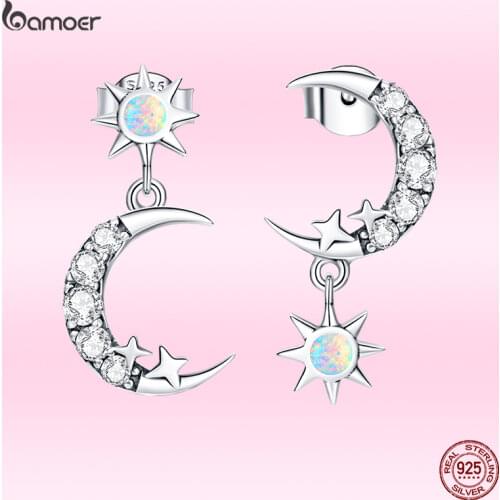 Bamoer New Fashion Moon & Star Ear Studs 925 Sterling Silver Shiny Zircon Earrings for Women Elegant Wedding Statement Jewelry