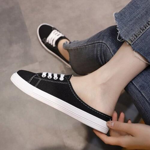 Women Sneakrs Candy Color Canvas Slippers Lace Up Casual Shoes Slip on Flat on White Shoes Ladies Espadrilles Black Slides 9125G