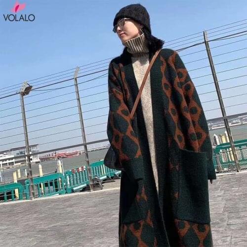 2020 Winter Casual Cashmere Trench Coat Women Cartoon Cranes Pattern Cardigan Open Stitch Knitting Long Outwear Oversize