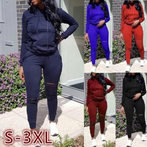 2019 Womens Fashion Cutout Sport Sets Casual Sport Suit Hoodies and Pants Sportwear Hollow Out Women Solid Color Tracksuit