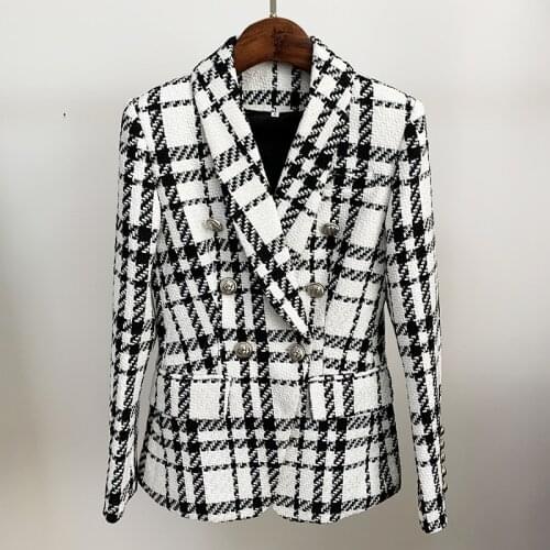 Chic OL elegant plaid blazer jacket 2020 Autumn winter high quality double-breasted women tweed coat C461