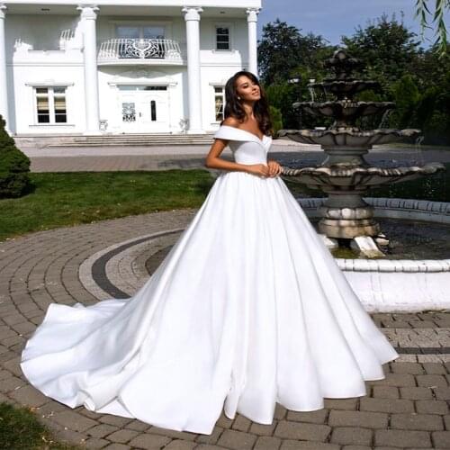 White Elegant Satin A-Line Wedding Dress Court Train Bridal Gowns Simple Vestido De Novia