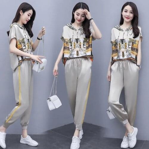 2021 New Pant Suit Women Summer Korean Ice Silk Suit Female Temperament Fashion Casual Short Sleeve Sportswear Sets Trend 411