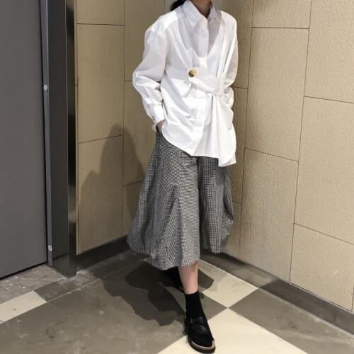 White Shirt Retro Plaid Sexy Two Piece Irregular Culottes Non-mainstream Sense of Design-Dark GIRLS Large Button Long Sleeve