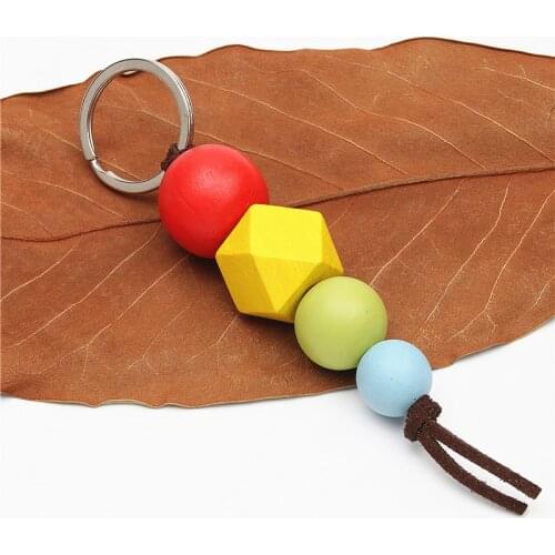 1pc DIY Handmade Key Chains Hand Painted Leather And Wooden Bead Keyring Key Fob Gift For Women