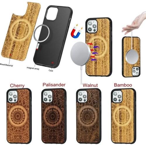 10pcs Magsafe Compatible for iPhone 12 Pro Mandala Pattern Cherry Bamboo Palisander Walnut Real Wood TPU Phone Case Cover