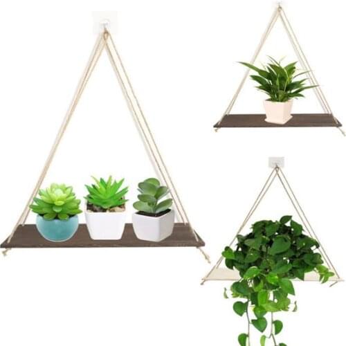 Wooden Shelf Flower Pot Rack Hemp Rope Storage Rack Wall Hanging Decor