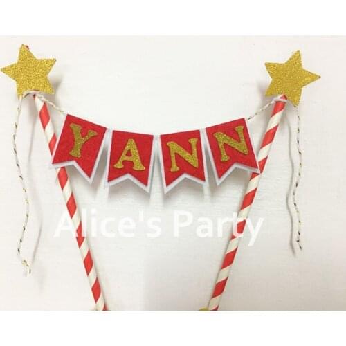 Hot Customized Name Cake Topper Red White Gold Stars Cake Smash Banner Bunting 1st Birthday Party Cake Smash Flag Decorations