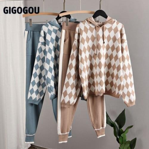GIGOGOU Knitted Carrot Pant 2 Piece Sets Argyle Cropped Hooded Women Sweater + Big Pocket Harem Pants Two Piece Women Tracksuits