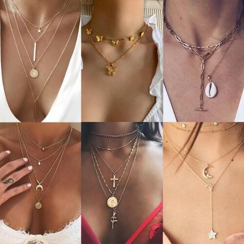 KSRA 2020 New Vintage Boho Cross Geometric Butterfly Shell Necklace For Women Bohemia Star Moon Heart Chain Necklace Jewelry