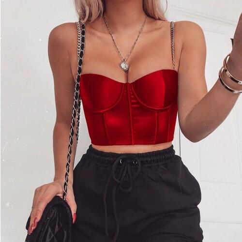 Summer Crop Top Women Sexy Bustier Top Blackless Chain Strap Padded Cropped Casual Satin Black Crop Tops Clothes 2021