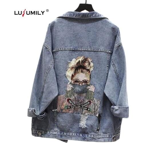 Lusumily Fashion Denim Jacket Women Loose Cowboy Outwear Chic Printed Ripped Jean Jacket Spring Casual Tops Female Denim Coat