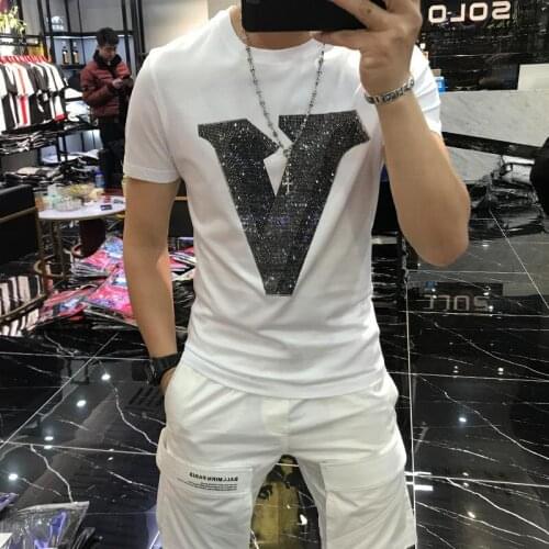 Mens fashion slim short T-shirt fitness casual short sleeve clothing new high-quality hot drilling