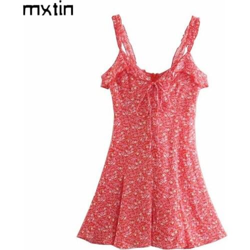 MXTIN 2021 Women Summer Vintage Floarl Print Bow Tie Mini Dress Fashion V-Neck Sleeveless Backless Female Party Dresses Vestidos