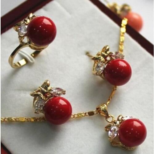 Charming Design 10mm Red Shell Pearl Earring Ring Pendant & Stud Jewelry Set shipping free