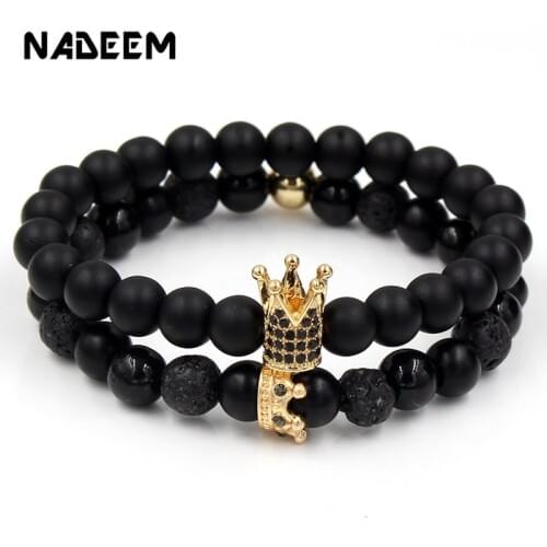 Wholesale 2Pcs/Set Natural Stone Bead Bracelet Crown Charm King Queen Buddha Bracelet Sets for Women and Mens Pulseras Masculina