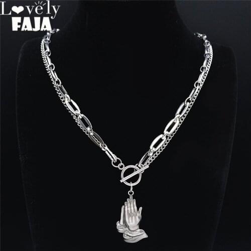 2021 Pray Christian With Hands Necklaces Women/Men Silver Stainless Steel Double Necklace Chains Jewelry collana uomo NK53S03