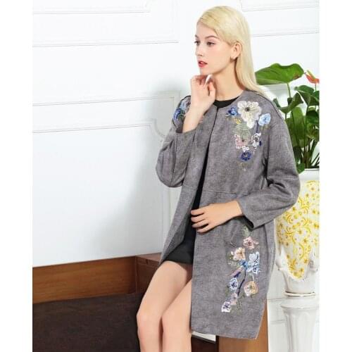 Coat Autumn Winter Vintage Women Gorgeous Button Flower Embroidery Outwear Retro Lady Overcoat Clothes