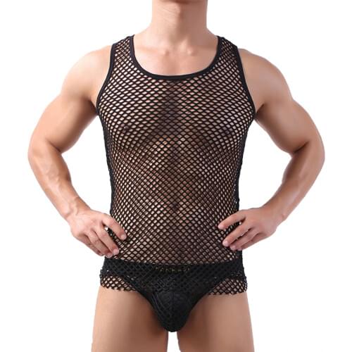 Sexy Mens Undershirts Sets Mesh Transparent Tank Tops Briefs Fishnet Underwear Suits Sleepwear Casual Sleeveless Shirts Panties