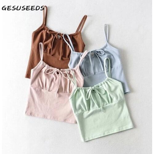 Sexy crop top pink blue tops women 2021 spaghetti strap crop top casual ruched tops korean solid tank top bow tie camisole green