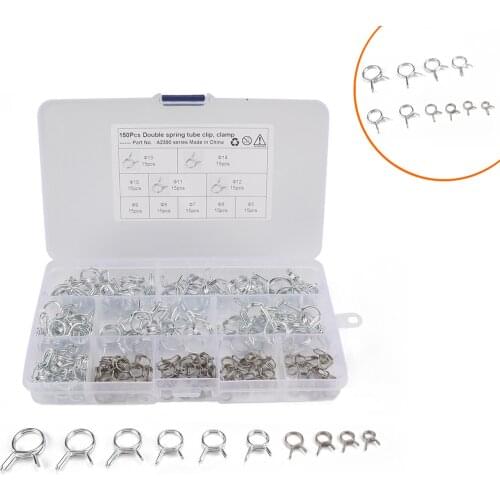 150pcs 5-14mm Fuel Line Hose Spring Clips Double Wire Hose Clamp Spring Clips Assortment Kit Motorcycle Boat Water Pipe Clamp