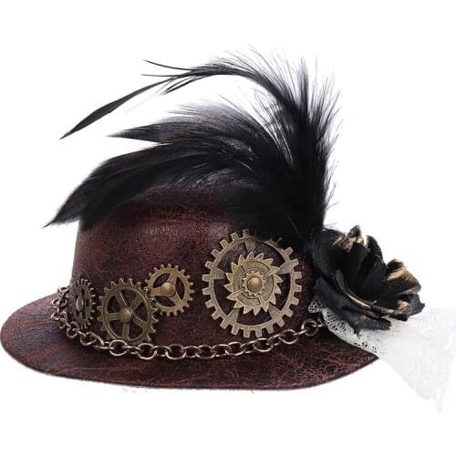 Handmade Womens Lolita Cosplay Little Hat Hairpin Steampunk Mini Top Hat Vintage Fedoras Gothic Gear & Feather Chain Headwear