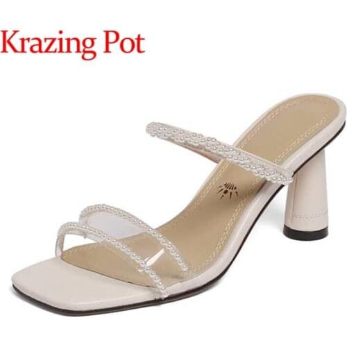 Krazing pot genuine leather square toe high heels round heel shallow high fashion pearl fairly slip on women sandals shoes L29