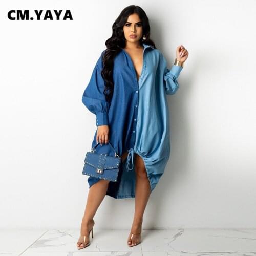 CM.YAYA Women Casual Dress Patchwork Draw String Loose Midi Dresses Female Fashion Streetwear Vintage Outfits Autumn Vestidos