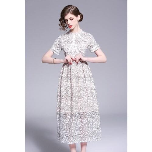 Summer Womans Short Sleeve Ladies Elegant Party Dress Lace Hollow Out Women Long Dresses Vestidos 2021 New
