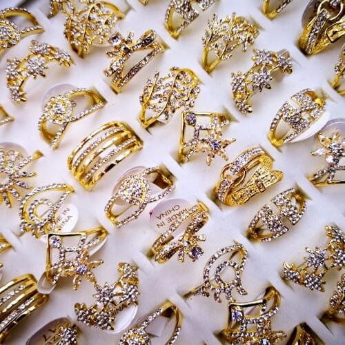 10Pcs Hot Sale Womens Rings New Design Mixed Wholesale Styles Gold Zircon Rings Lots Female Jewelry Bulks Lot LR4165