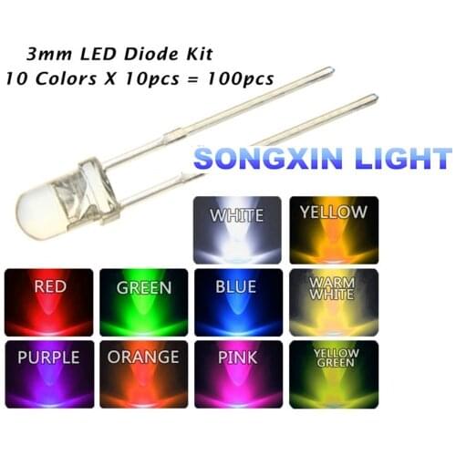 500pcs (10 colors x 50pcs) 3mm LED Light Emitting Diode Kit Warm White Green Red Blue Yellow Orange Purple UV Pink LED Lamp