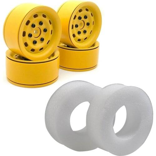 6 Pcs RC Car Part: 4Pcs Metal 1.9 Inch Wheel Rim Yellow & 2 Pcs 108 -114mm Hard Sponge Foam Inserts
