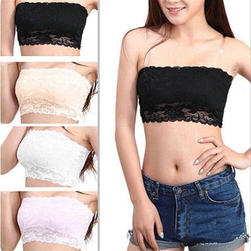 Sexy Ladies Full Lace Stretch Padded Strapless Bra Bandeau Seamless Casual Floral Lace Tube Top Cropped Underwear 4 Colors