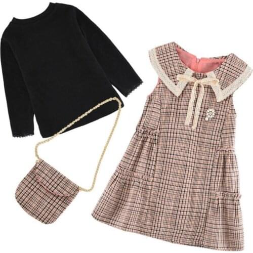 DFXD New Korean Spring Teen Girls Clothing Sets Birthday Party Princess Outfits 3-12T Black Full Sleeve Shirt+Plaid Vest Dress