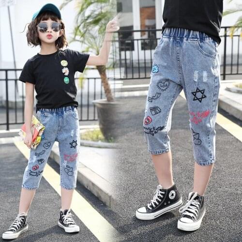 2021 New Summer Middle School Children Capris For Girls Denim Pants Geometric Straight Jeans 4 To 12 Years Old