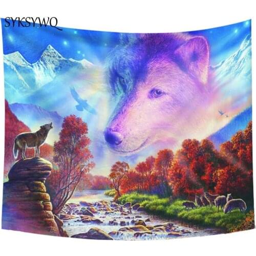 Forest wolf tapestry mountain waterfall wall carpet hot sale wall blanket polyester fabric animal tapestry