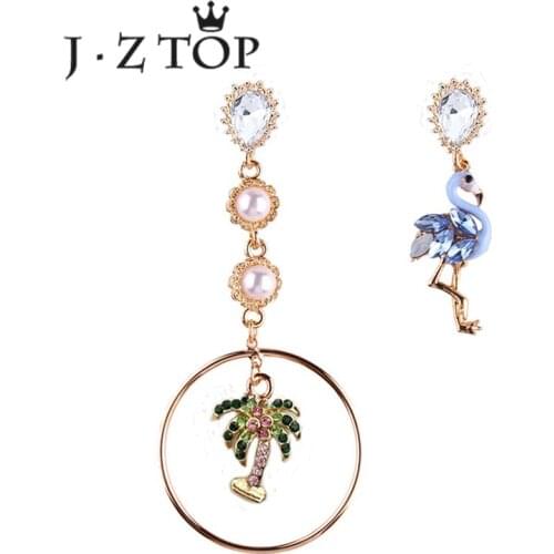 JZTOP Cute Crystal Flamingo Coconut Tree Stud Earrings Woman Luxury Rhinestone Imitation pearls Asymmetric Long Earrings Jewelry
