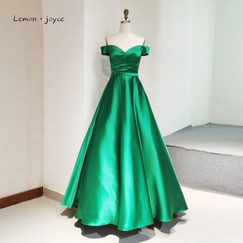 Lemon Joyce Green Prom Dresses 2021 Off The Shoulder Pleat A-Line Simple Prom Evening Gowns Plus Size