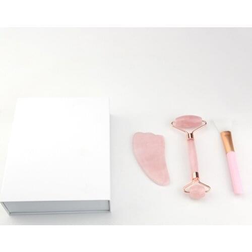 Three-piece Face Massager Rose Quartz Roller Pink Crystal Roller Jade Roller Scraper Mask Brush Beauty Face-lifting Tool