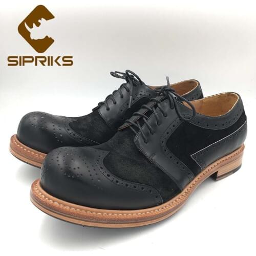 Sipriks Mens Round Toe Classic Calf Leather Shoes Wintip Brogue Shoes Lace-Up Footwear Suit Formal Tuxedo Blake Welted Shoes 45