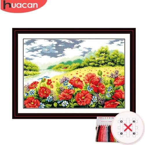 HUACAN Cross Stitch Flower Kit Needlework Embroidery Spring Scenery Sets White Canvas DIY Gift Home Decor 11CT 14CT